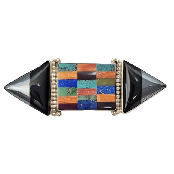 Vintage Sterling Silver Native American Zuni Inlay Black Onyx Multicolor Brooch